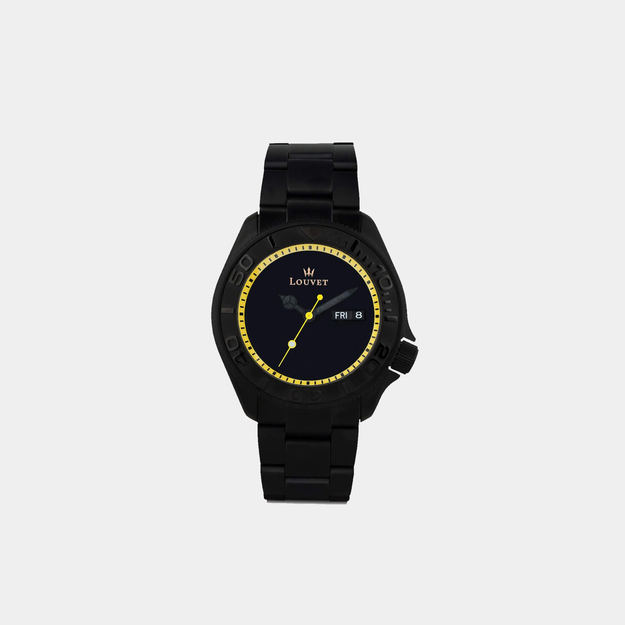 front photo of Full black stainless steel Louvet Legende watch with yellow details in grey background