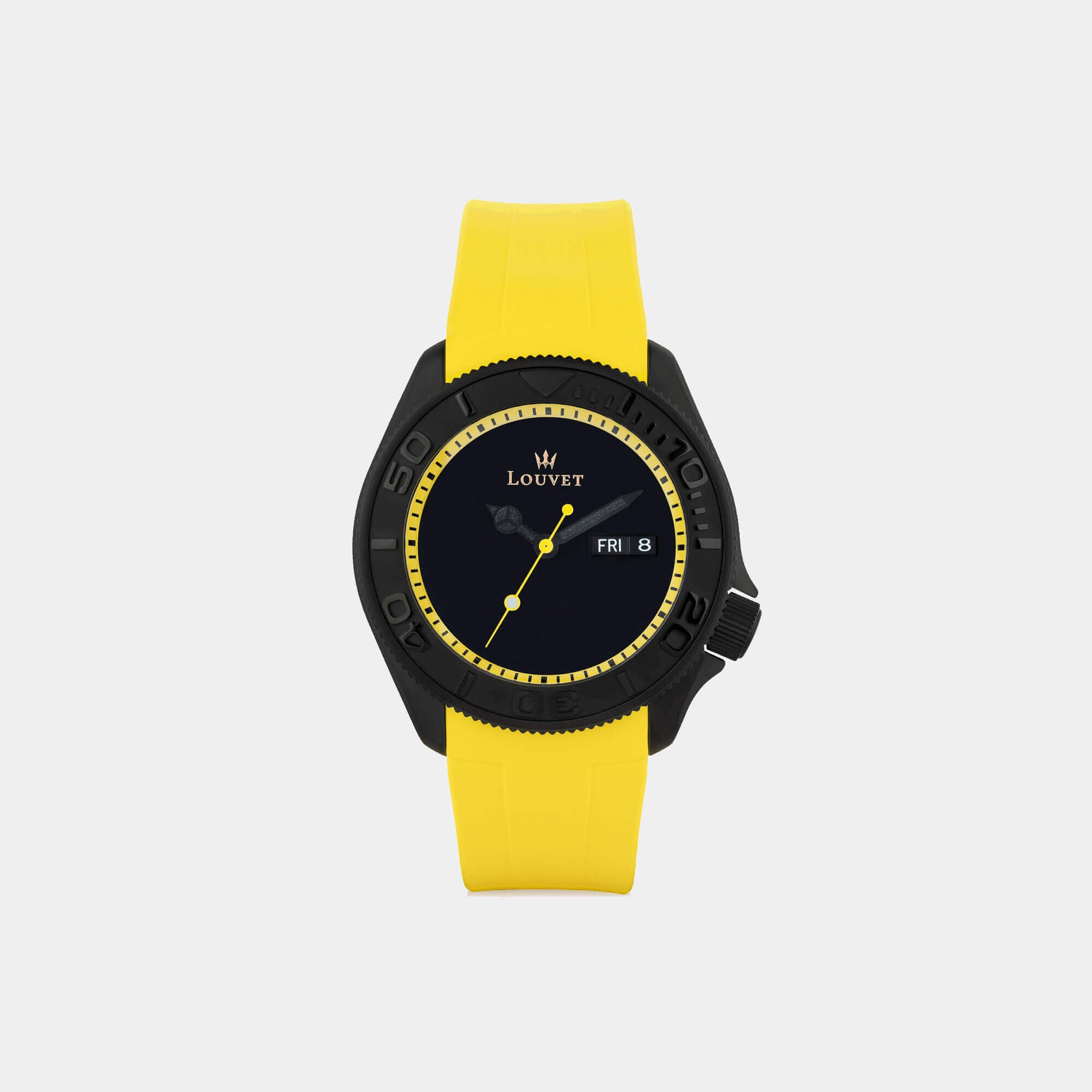 Louvet legende black watch with yellow strap front photo in grey background
