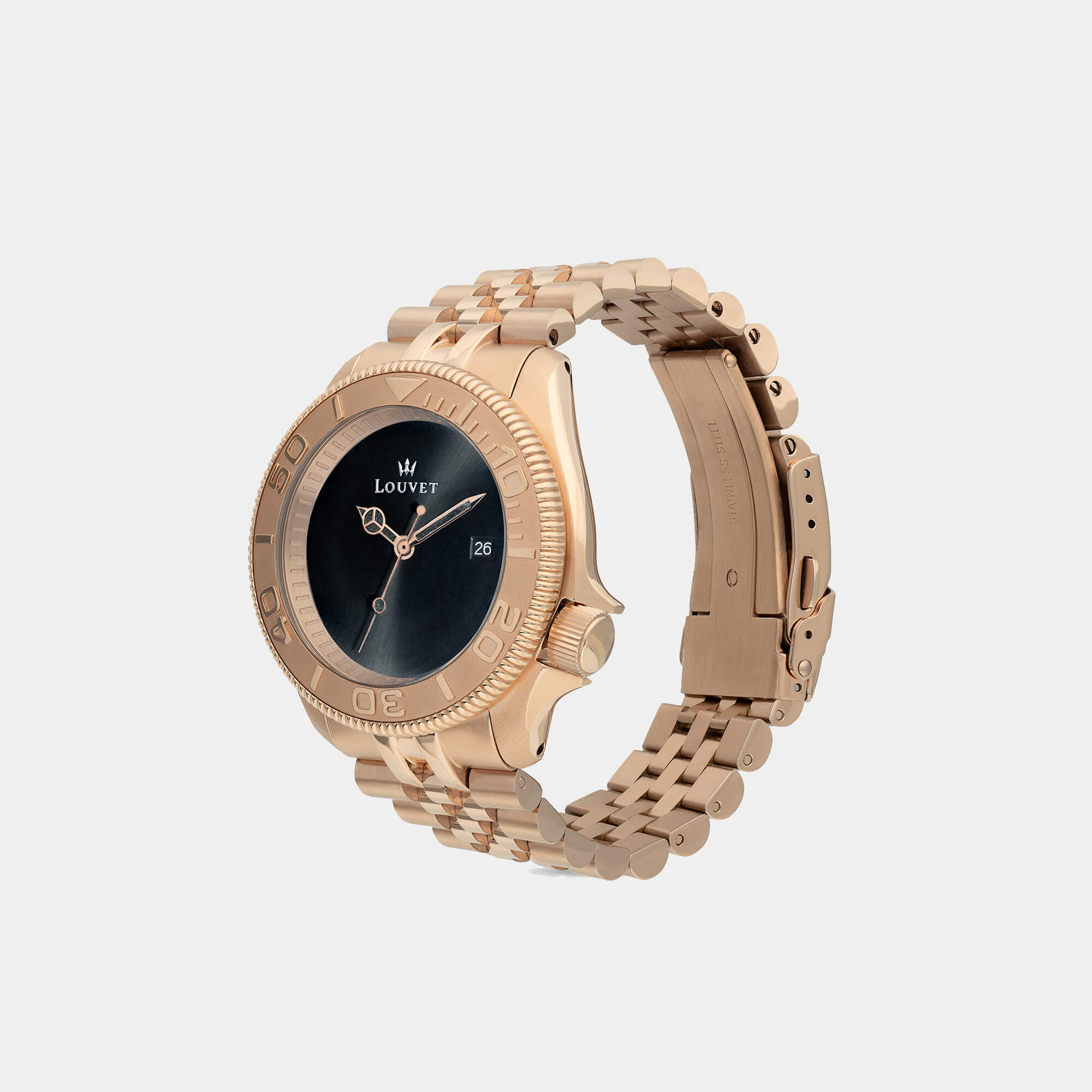 Side profile of the Louvet Rose Gold timepiece, emphasizing the thin case and luxurious detailing.