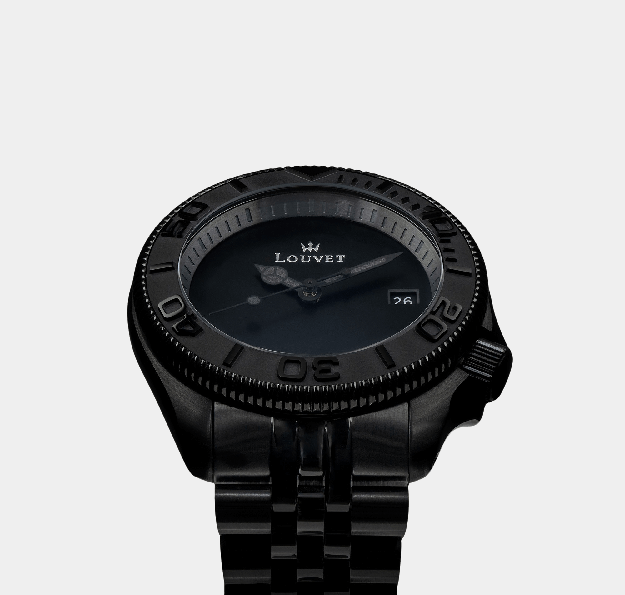 Close-up of Louvet Full Black watch, highlighting its stealth finish and sharp angular silhouette.
