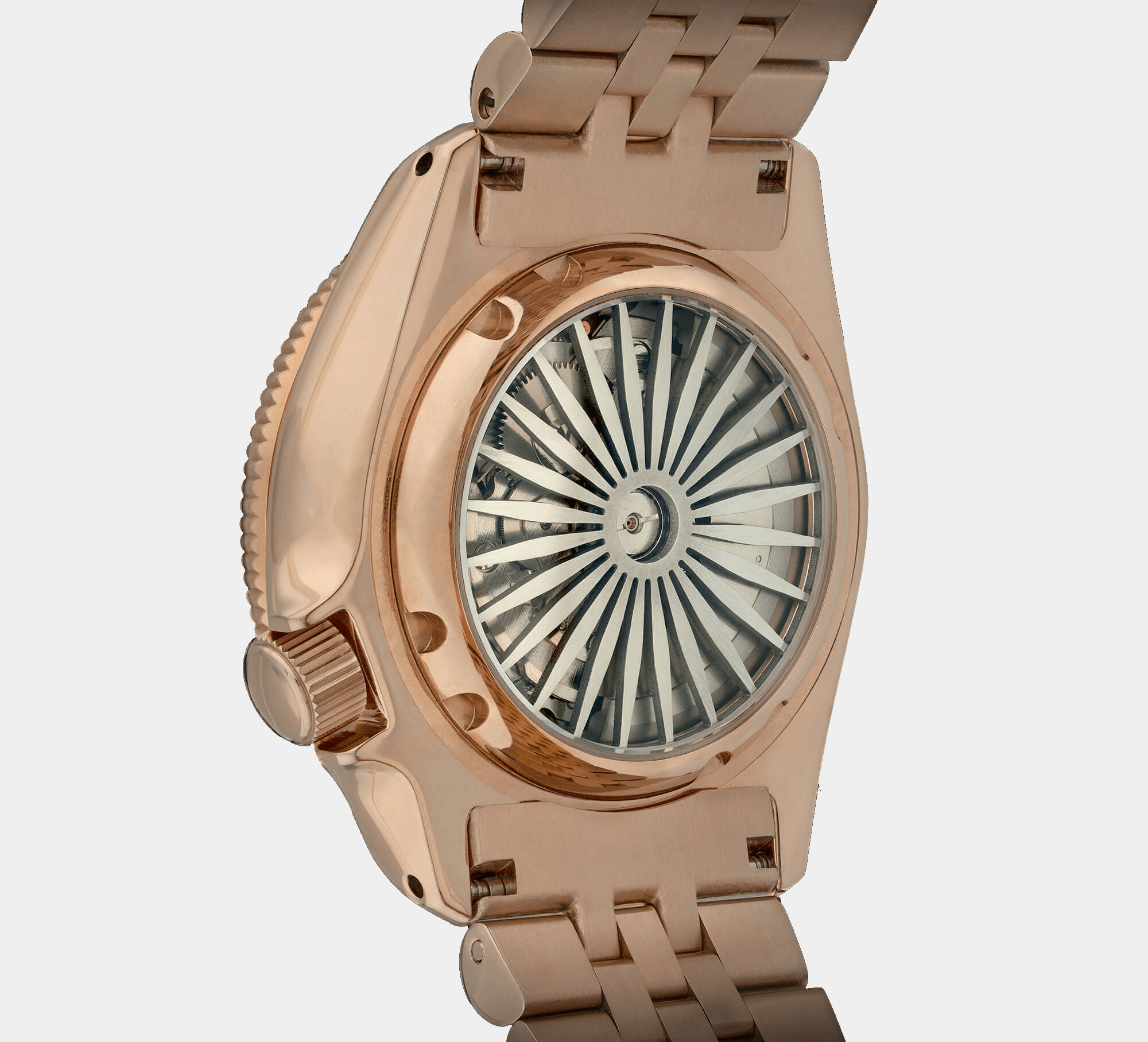 Louvet Rose Gold watch caseback, showing and highlighting fine craftsmanship.