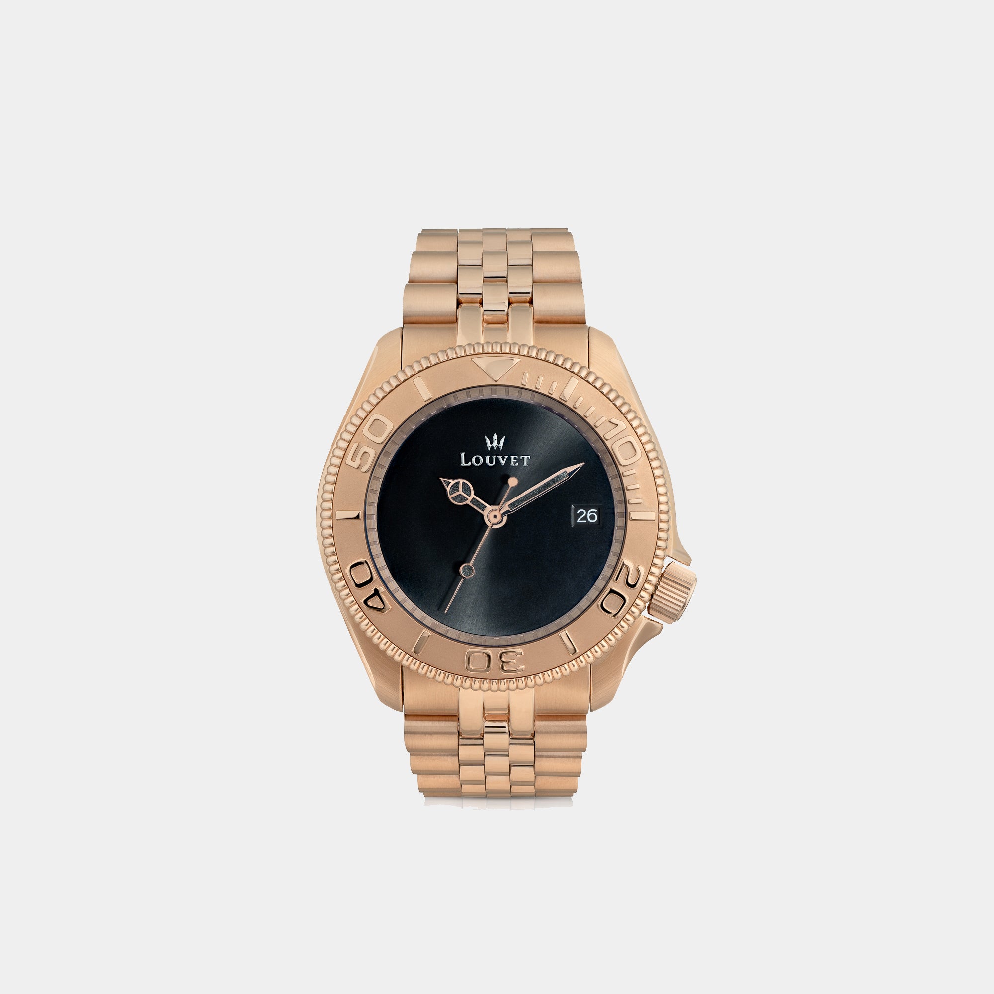 Louvet Un souffle d’espoir Rose Gold watch on white background, showcasing its elegant rose gold case and black dial.