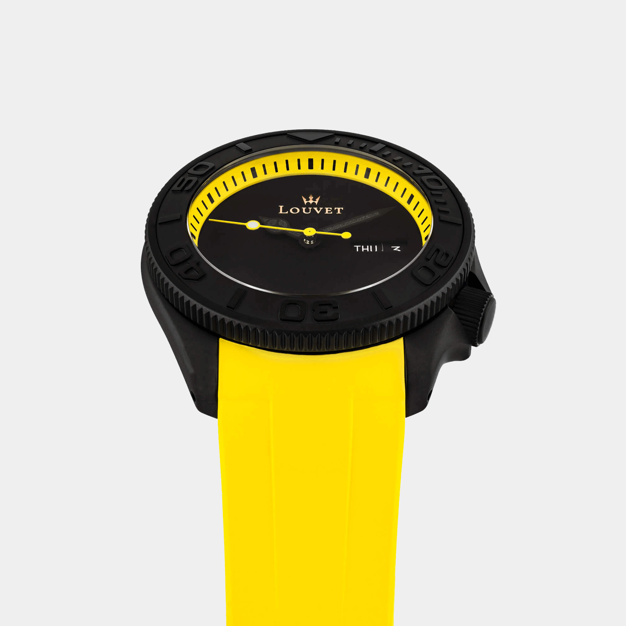 Louvet Legende Black watch with yellow strap bottom photo in the grey background